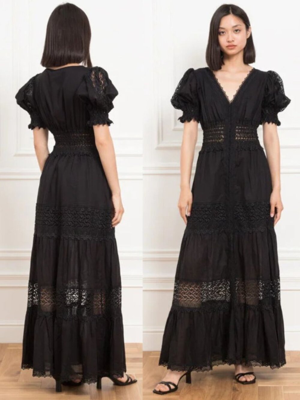 Charo Ruiz Clemence Dress Black V Neck Long Eyelet Puff Sleeve Maxi Size L - Picture 11 of 11